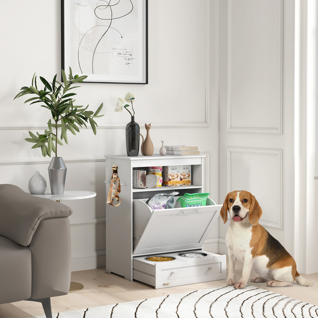 PawHut Pet Feeder Station Storage Cabinet, Dog Food Storage Container with Dog Raised Bowls, Watering Supplies, Gray