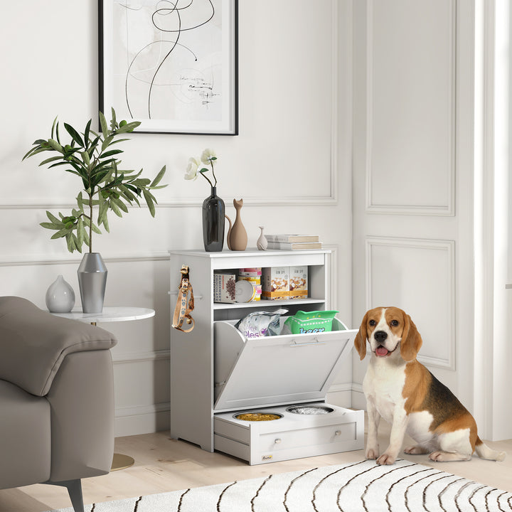 PawHut Pet Feeder Station Storage Cabinet, Dog Food Storage Container with Dog Raised Bowls, Watering Supplies, Gray