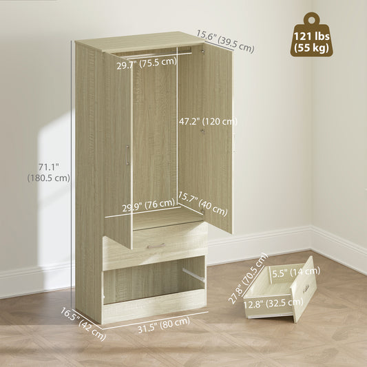 HOMCOM Wardrobe Closet Armoire with Hanging Rod and 2 Doors, Clothes Storage Organizer with 2 Drawers for Bedroom, Oak