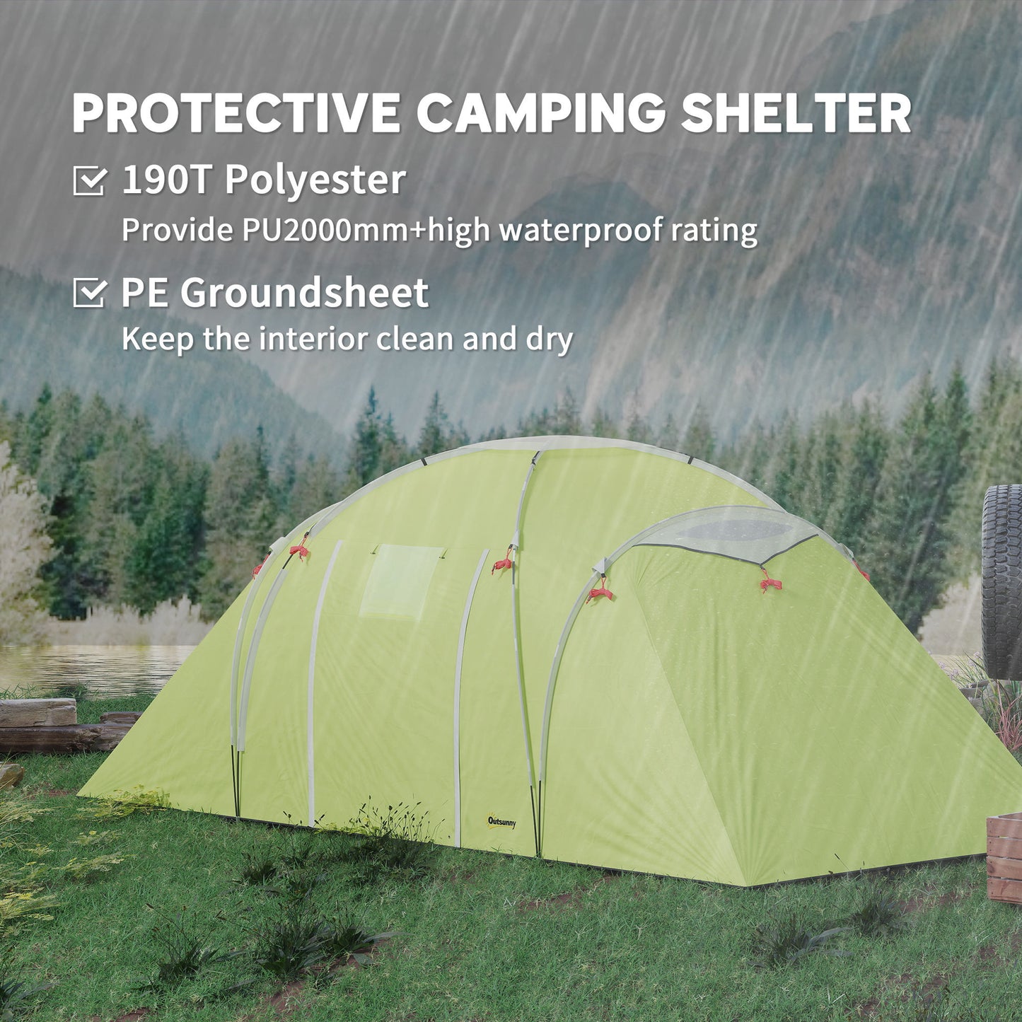 Outsunny 4-6 Person Camping Tent, 2000mm Waterproof Tunnel Tent with 2 Bedrooms, Living Area, Vestibule, Lamp Hook and 4 Doors