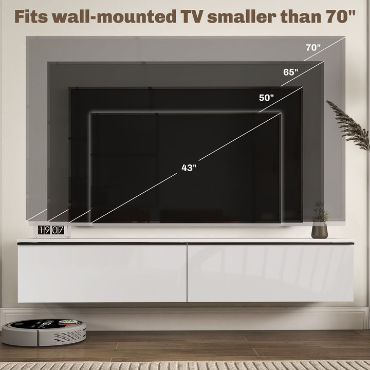 HOMCOM Wall Mounted TV Stand, Floating TV Cabinet for up to 70" TVs with Storage, High Gloss Effect, White