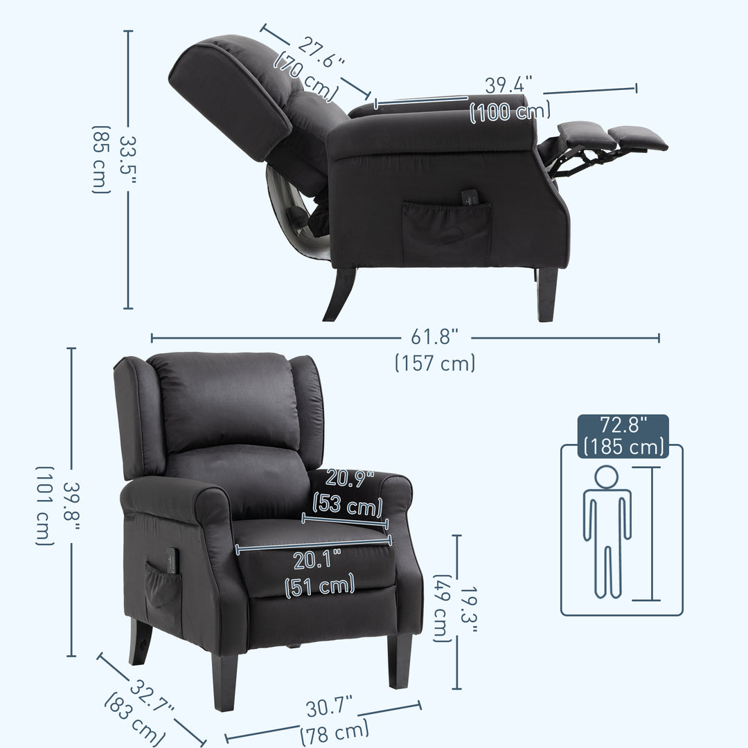 HOMCOM Massage Recliner Chair for Living Room, Push Back Recliner Sofa, Suede Wingback Reclining Chair with Extendable Footrest, Wood Legs, Remote Control, Side Pockets, Black