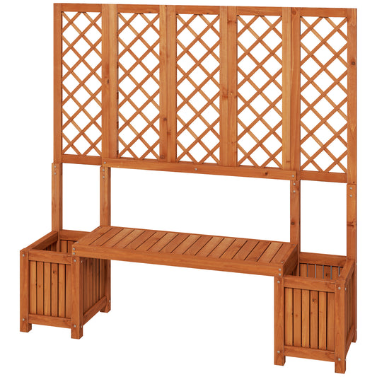Outsunny Wood Outdoor Bench with Trellis for Climbing Plants and 2 Planter Boxes Garden Planter with Bench Privacy Panel Brown