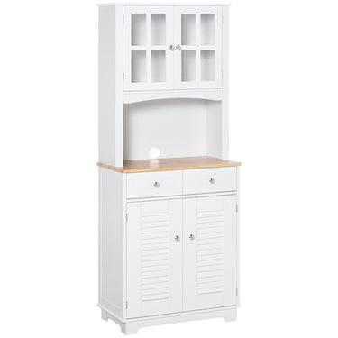 HOMCOM Coastal Style Kitchen Buffet and Hutch Wooden Storage Cupboard with Framed Glass Door LouveredCabinet  Drawers Microwave Space for Dining Room  Living Room  White
