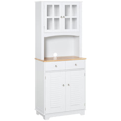 HOMCOM Coastal Style Kitchen Buffet and Hutch Wooden Storage Cupboard with Framed Glass Door LouveredCabinet  Drawers Microwave Space for Dining Room  Living Room  White