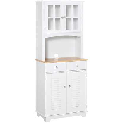 HOMCOM Coastal Style Kitchen Buffet and Hutch Wooden Storage Cupboard with Framed Glass Door LouveredCabinet  Drawers Microwave Space for Dining Room  Living Room  White