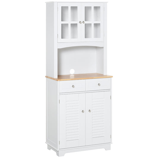 HOMCOM Coastal Style Kitchen Buffet and Hutch Wooden Storage Cupboard with Framed Glass Door LouveredCabinet  Drawers Microwave Space for Dining Room  Living Room  White