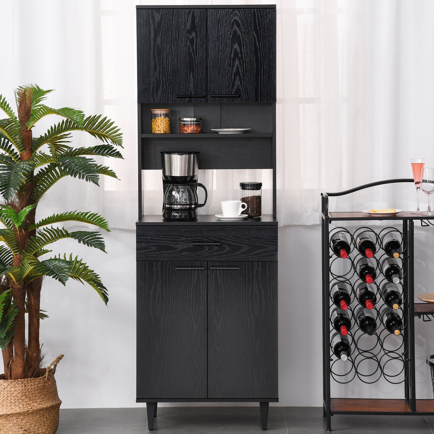 HOMCOM Modern Kitchen Buffet with Hutch Wooden Storage Cupboard with Microwave Counter 2 Cabinet and Drawer for Dining Room Living Room Black