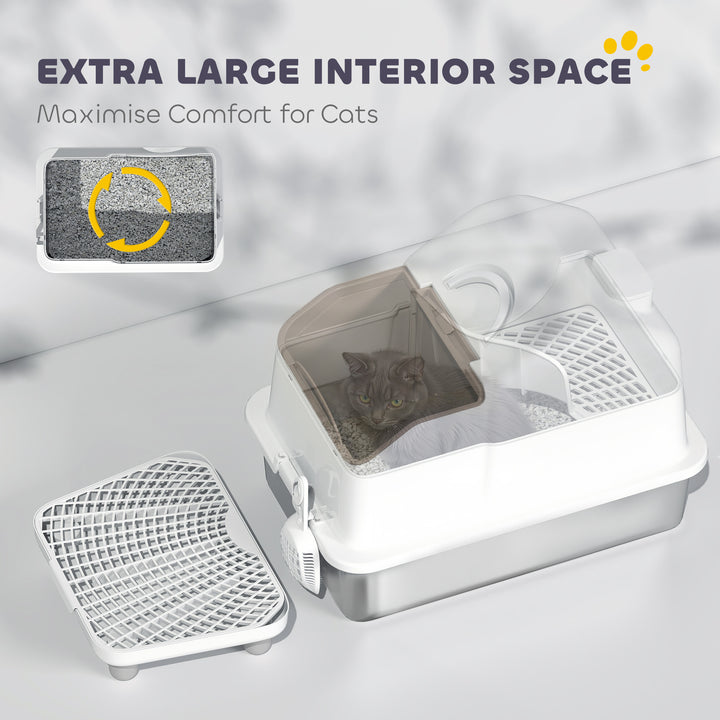 PawHut Extra Large Stainless Steel Cat Litter Box w/ High Sided, Removable Lid, Mats, Scoop, Odor Free, Non-Sticky, Leakproof