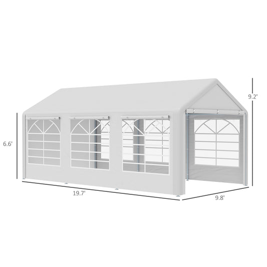 Outsunny 20â€™ x 10â€™ Heavy Duty Party Tent Outdoor Carport Canopy Shelter Gazobo with Sidewall, Zipper Door and Windows, White