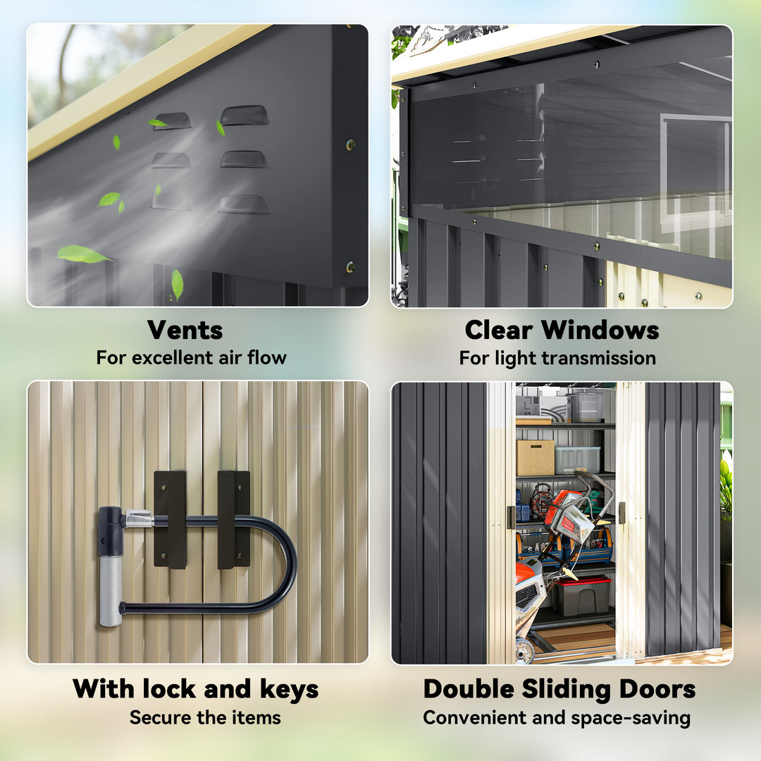 Outsunny 6.5x4FT Galvanised Metal Shed with Foundation Kit, Lockable Garden Tool Storage House with Sliding Doors, Vents, Grey