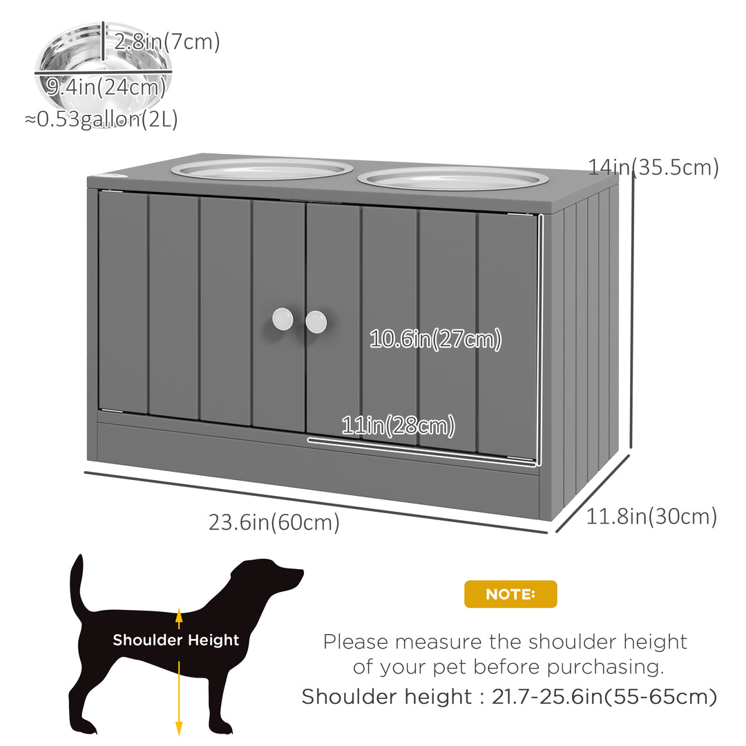 PawHut Elevated Dog Bowls for Large Dogs Pet Feeding Station with Stand, Storage, 2 Stainless Steel Food and Water Bowls, Grey