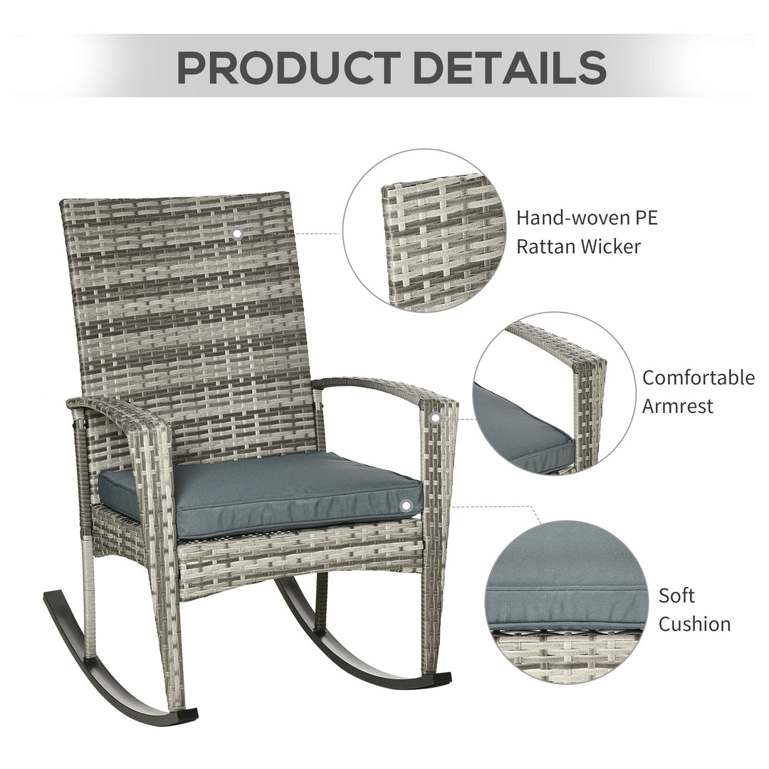 Outsunny 3 Pieces Patio Wicker Rocking Chair Set,  Outdoor PE Rattan Bistro Set Conversation Rocker Set with 2 Chairs 1 Coffee Table for Backyard, Deck, Poolside, Dark Grey