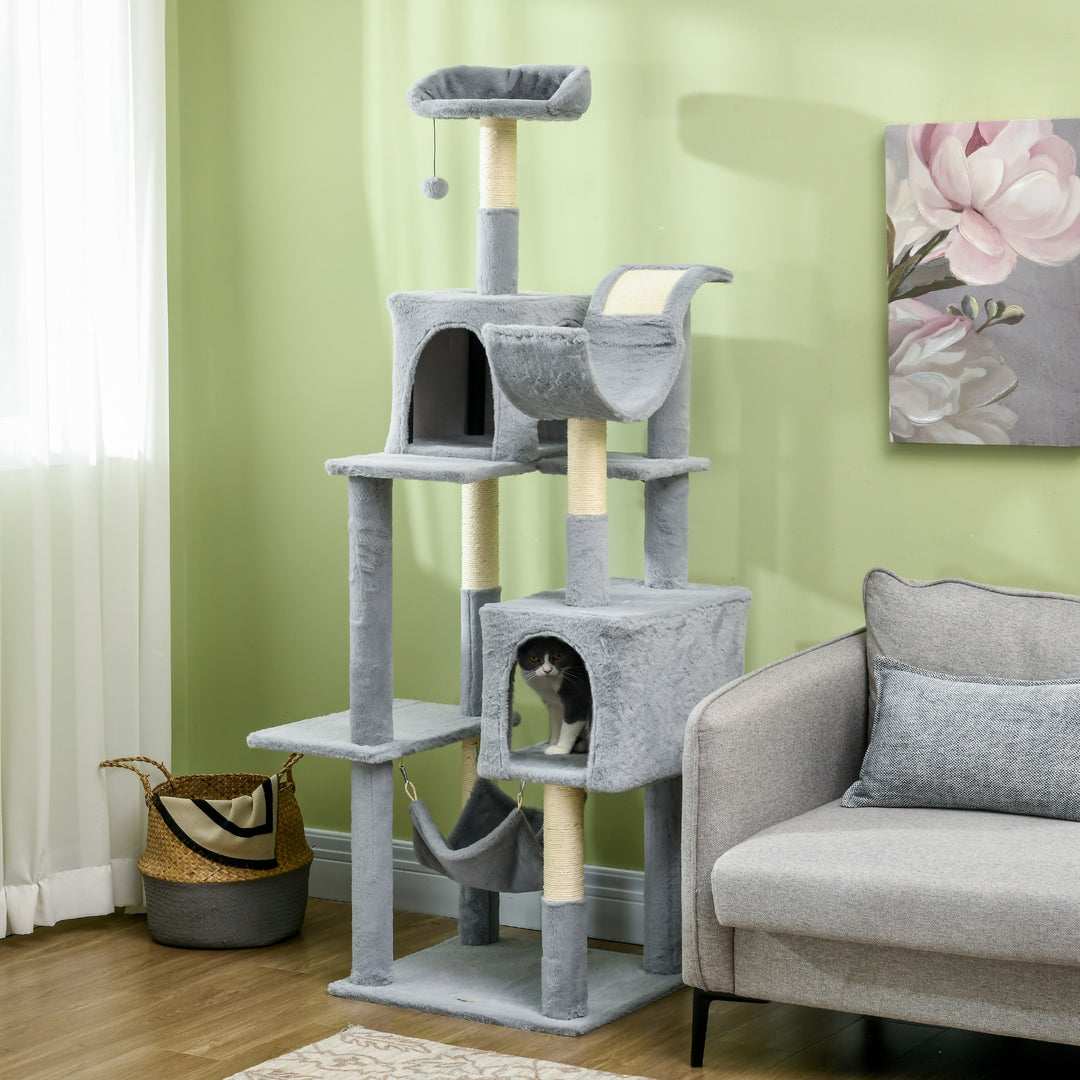 PawHut Tall Cat Tree for Indoor Cats, 70" Multi-Level Cat Tower with Hammock, Cat Bed, Cat Condo with Sisal Scratching Posts, Bluish Grey