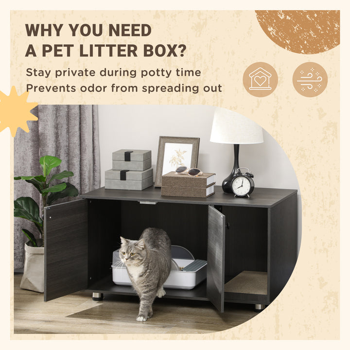 PawHut Litter Box Furniture Hidden Cat Washroom Furniture with Double Doors and Scratching Pad, Black