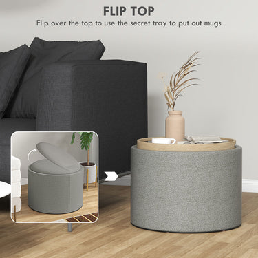 HOMCOM Round Coffee Table, End Table with Hidden Storage and Tray Top, Linen Upholstered Footrest for Living Room