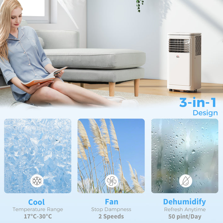 HOMCOM Small Portable AC 8000 BTU, Dehumidifier, Remote Control, 24-Hour Timer, Window Mount Kit for Bedroom, Cream