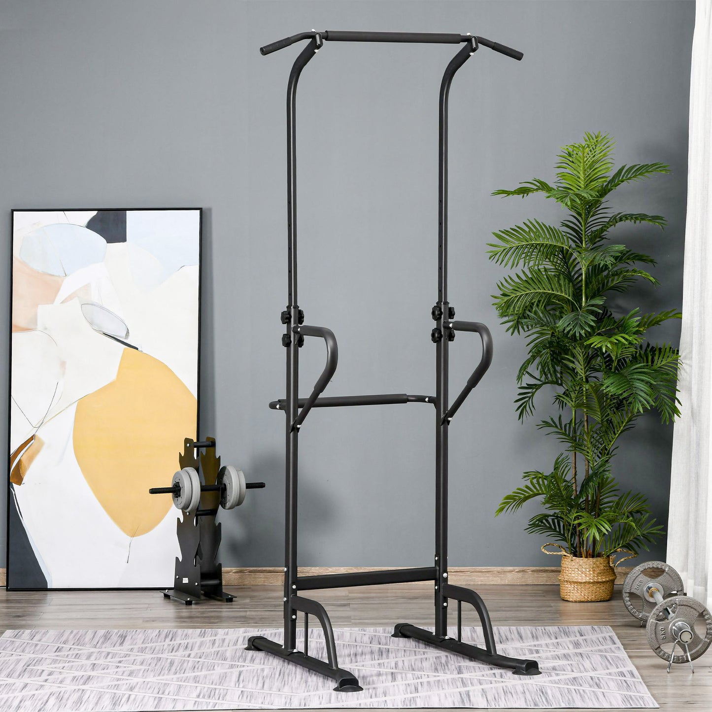 Soozier Power Tower Dip Station Pull Up Bar, Multi-Function Push Up Equipment with Adjustable Height for Home Gym Strength Training Workout Fitness, Black