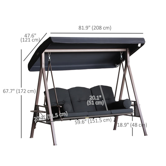 Outsunny Outdoor Patio 3-Person Steel Canopy Cushioned Seat Bench Swing with Included Side Trays & Padded Comfort, Black
