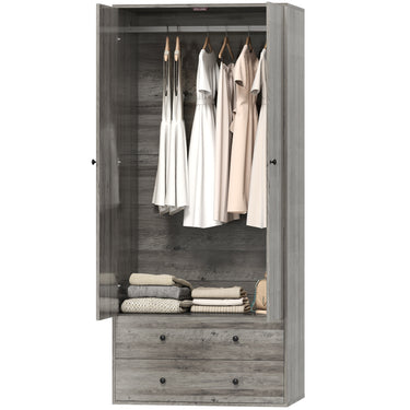HOMCOM Modern Wardrobe Closet Armoire with 2 Drawers and Hanging Rod, Clothes Storage Organizer for Bedroom, Grey