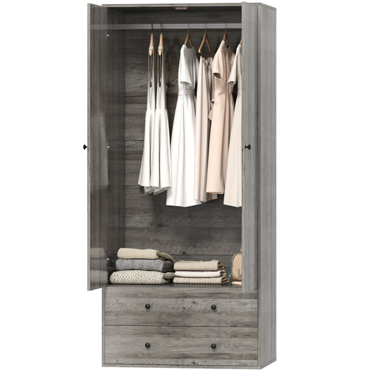 HOMCOM Modern Wardrobe Closet Armoire with 2 Drawers and Hanging Rod, Clothes Storage Organizer for Bedroom, Grey