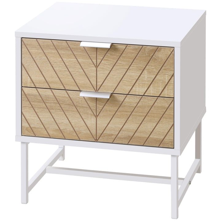 HOMCOM Modern Bedside Table with 2 Drawers and Steel Frame, Sofa Side Table for Bedroom Living Room, White and Oak