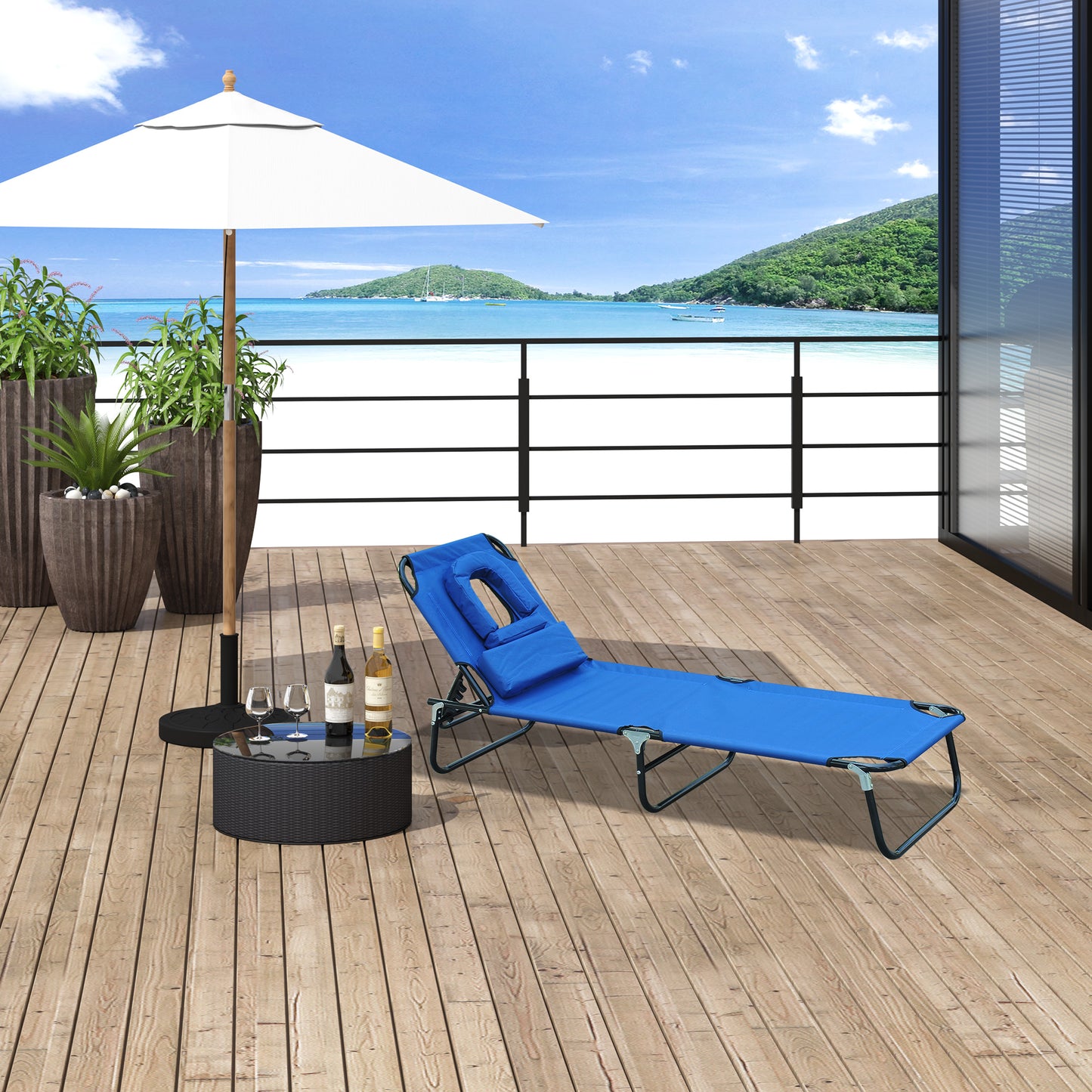 Outsunny Folding Outdoor Lounge Chair, Portable Reclining Beach Lounger with Face Hole, Detachable Pillow, 4-Position Adjustable Backrest, For Patio, Garden, Poolside, Blue