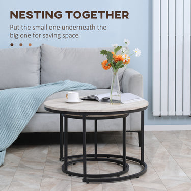HOMCOM Nesting Coffee Tables Set of 2, Round Coffee Table with Metal Frame, Living Room Tables, Grey Wood Grain