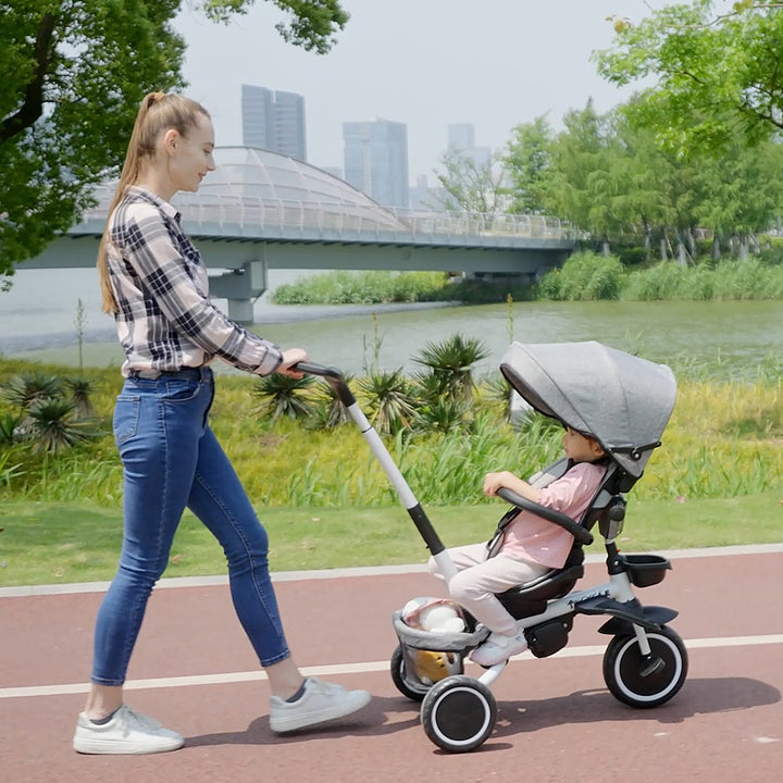 Aosom 6-in-1 Toddler Tricycle for 12-50 Months, Foldable Kids Trike with Adjustable Seat and Push Handle, Safety Harness, Removable Canopy, Footrest, Grey