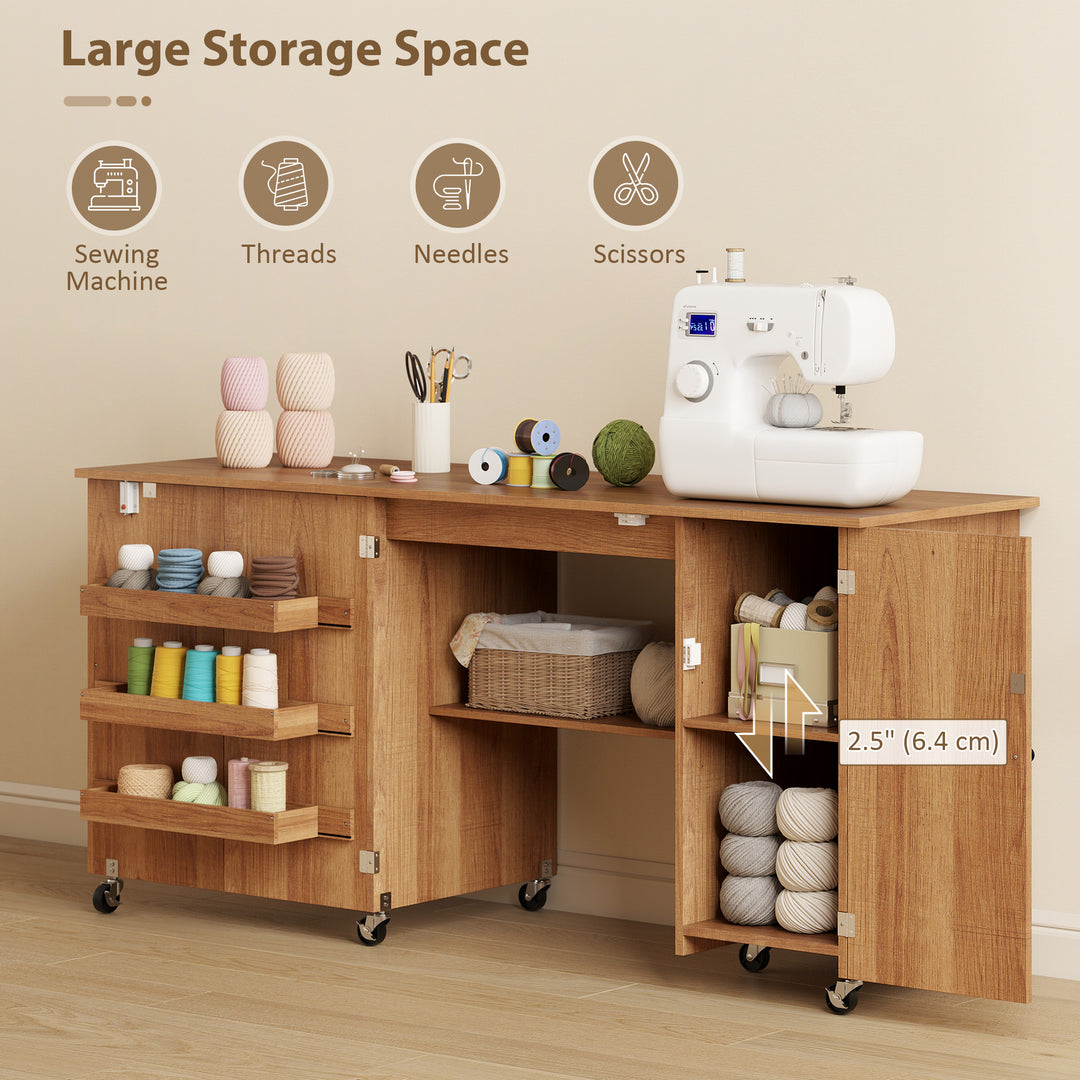 HOMCOM Sewing Machine Table with Drop Leaf, Folding Craft Table with 2 Doors and Adjustable Shelf for Small Spaces, Natural