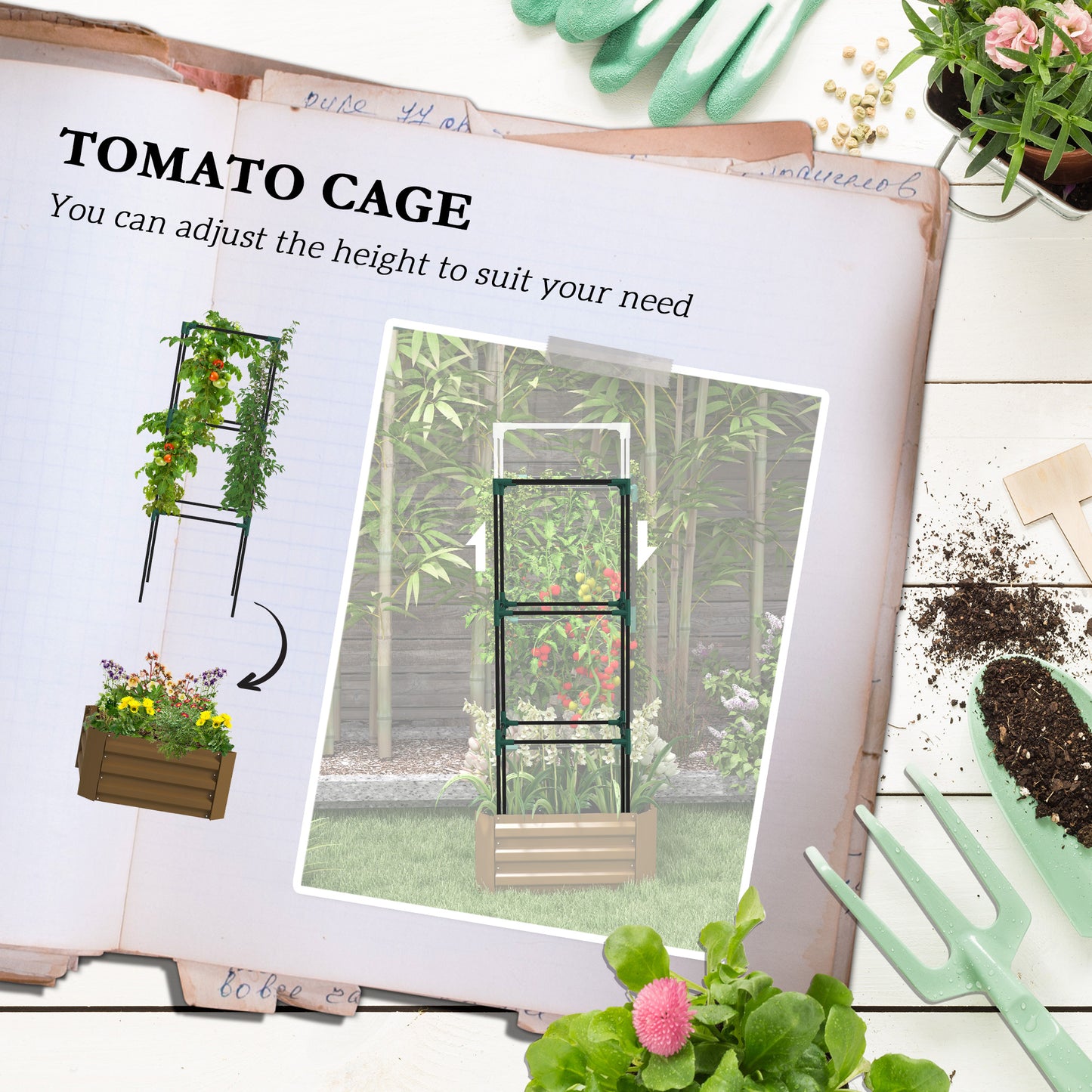 Outsunny Galvanized Planter Box, Outdoor Raised Garden Bed with 4-Tier Trellis Tomato Cage for Climbing Vines, Vegetables, Green