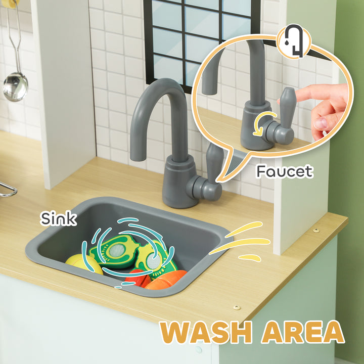 Qaba Pretend Play Kitchen, Kids Kitchen Playset with Stove Microwave Oven, Turning Knobs, Cooking Accessories