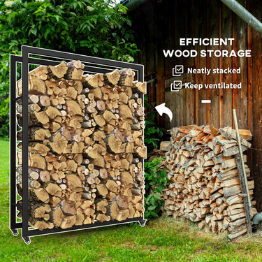 Outsunny Outdoor Firewood Rack with Wheels Heavy Duty Steel Wood Log Storage Stacker for Fireplace, Black