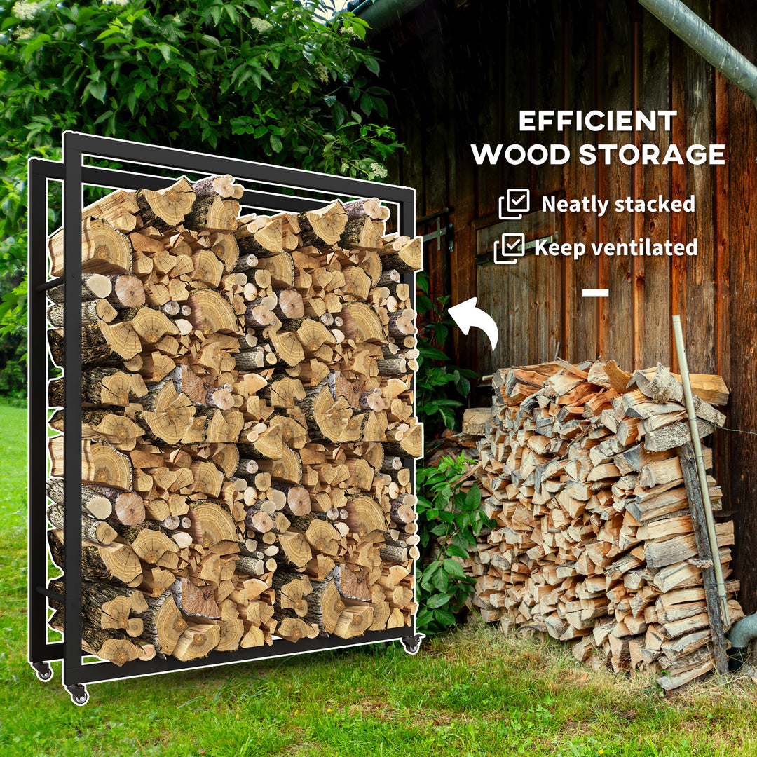 Outsunny Outdoor Firewood Rack with Wheels Heavy Duty Steel Wood Log Storage Stacker for Fireplace, Black