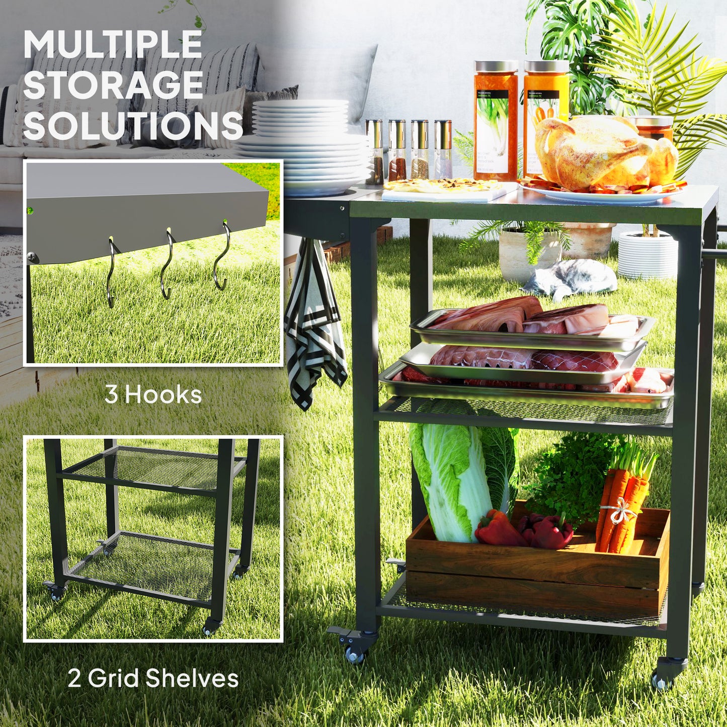 Outsunny 3-Shelf Outdoor Grill Cart Table with Foldable Side Table and Stainless Steel Table Top, Pizza Oven Stand on Wheels