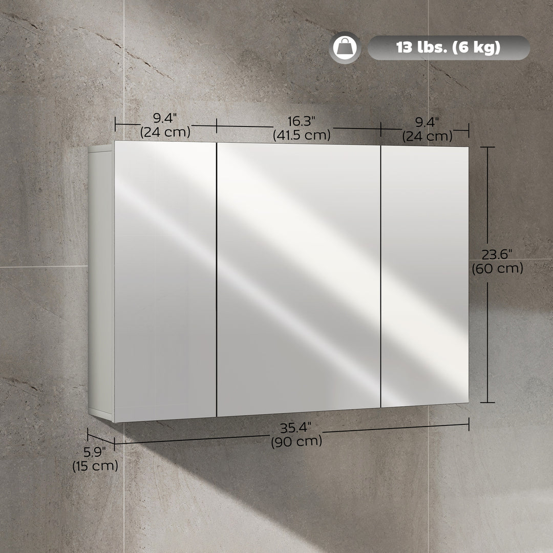 kleankin 28" x 24" Wall Mounted Mirror Cabinet, Bathroom Medicine Cabinet with Mirror, 3 Doors and Adjustable Shelves, White