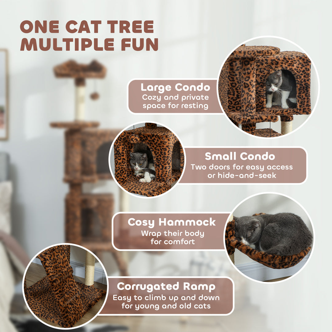 PawHut 63 Inch Cat Tree with Sisal Scratching Posts, Condos, Plush Perches, Hammock, Ladder, Dangling Balls, Pink