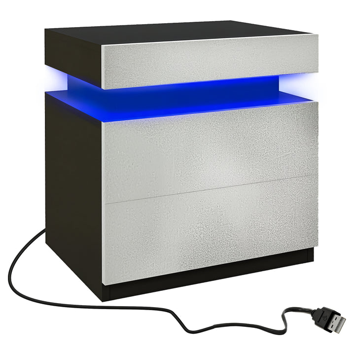 HOMCOM Nightstand, Bedside Table with LED Lights and 2 Drawers for Bedroom, Living Room, White