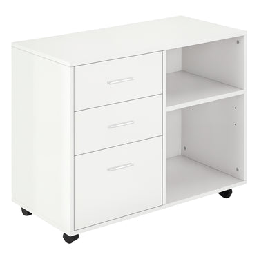 HOMCOM Modern Lateral Filing Cabinet, 3 Drawer File Cabinet for Letter and A4 Size Documents, Mobile, Printer Stand with Open Shelves, Rolling Wheels, White