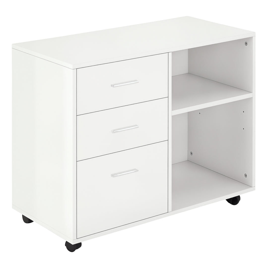 HOMCOM Modern Lateral Filing Cabinet, 3 Drawer File Cabinet for Letter and A4 Size Documents, Mobile, Printer Stand with Open Shelves, Rolling Wheels, White