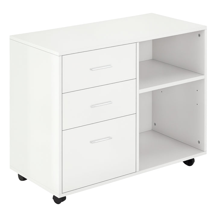 HOMCOM Modern Lateral Filing Cabinet, 3 Drawer File Cabinet for Letter and A4 Size Documents, Mobile, Printer Stand with Open Shelves, Rolling Wheels, White