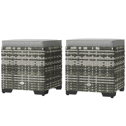 Outsunny Set of 2 Wicker Ottoman, Outdoor Footstool with Storage & Removable Cushions for Poolside, Patio, Deck, Grey