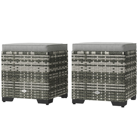 Outsunny Set of 2 Wicker Ottoman, Outdoor Footstool with Storage & Removable Cushions for Poolside, Patio, Deck, Grey