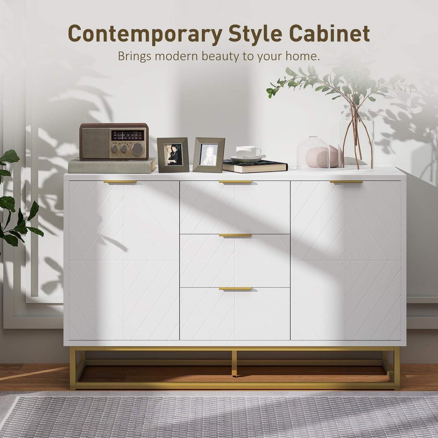 HOMCOM 47" Sideboard Buffet Cabinet with Storage, Contemporary Buffet Cabinet with Adjustable Shelves and Metal Legs, Kitchen Storage Cabinet with Elevated Base, White