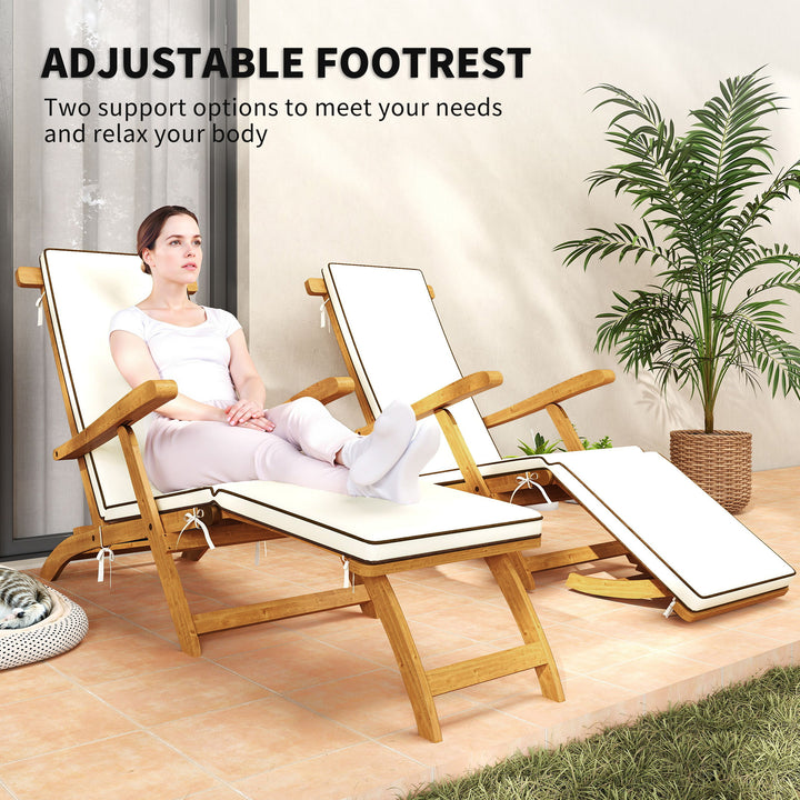 Outsunny Folding Patio Lounge Chair with Padded Cushion, Acacia Wood Patio Lounger Recliner with Footrest for Garden, White