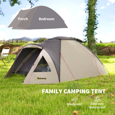 Outsunny 3 Person Camping Tent, Waterproof Family Dome Tent with Bedroom, Porch, Sewn-in Groundsheet and Hook, Khaki