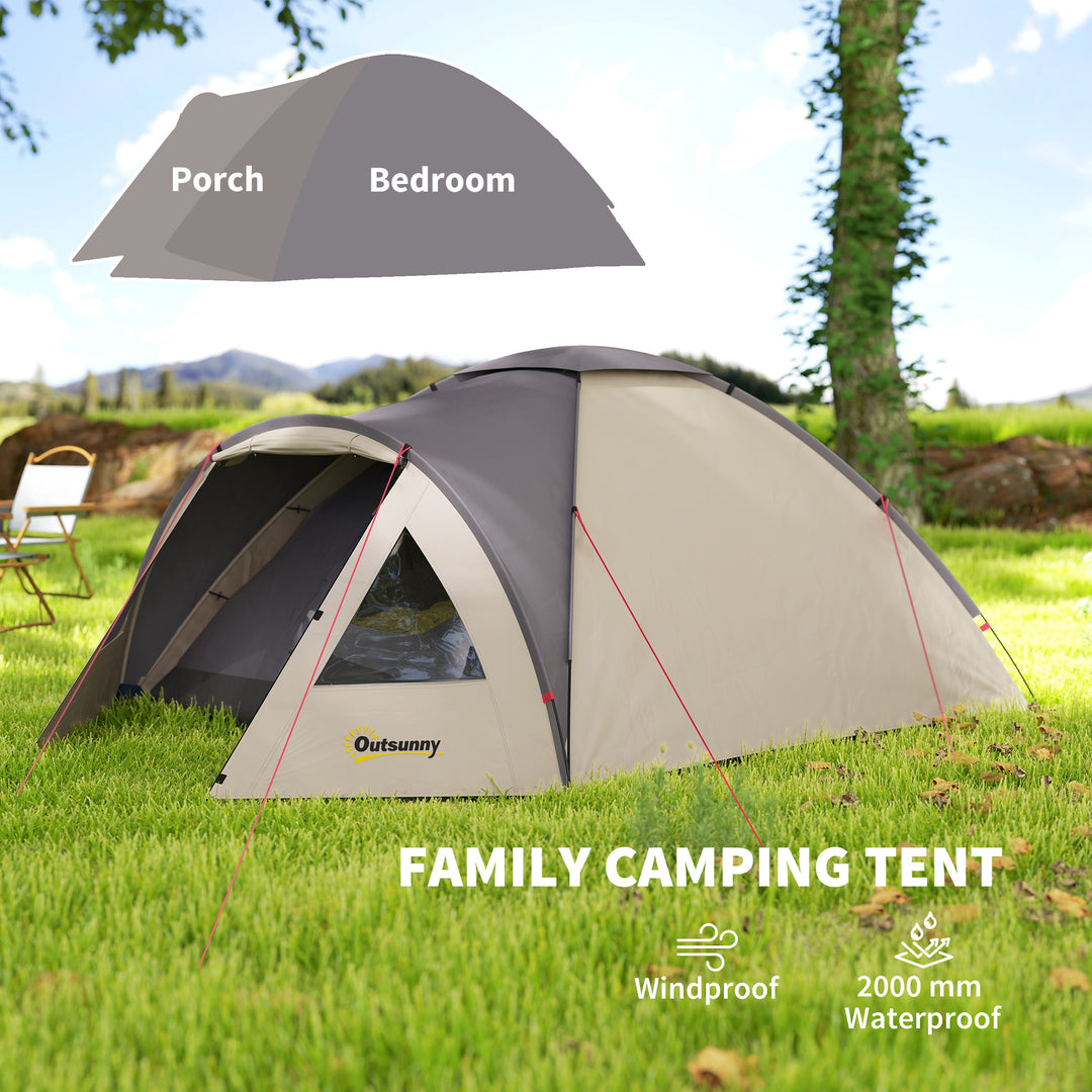 Outsunny 3 Person Camping Tent, Waterproof Family Dome Tent with Bedroom, Porch, Sewn-in Groundsheet and Hook, Khaki