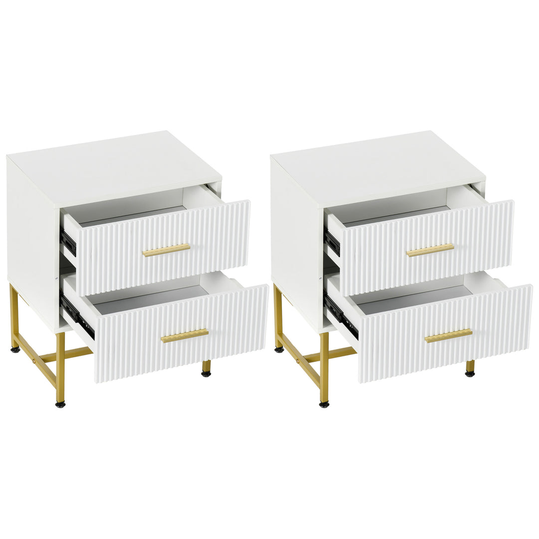 HOMCOM 2 Pieces Nightstands with Storage, Modern Bedside Tables with 2 Fluted Drawers and Gold Legs for Bedroom, White