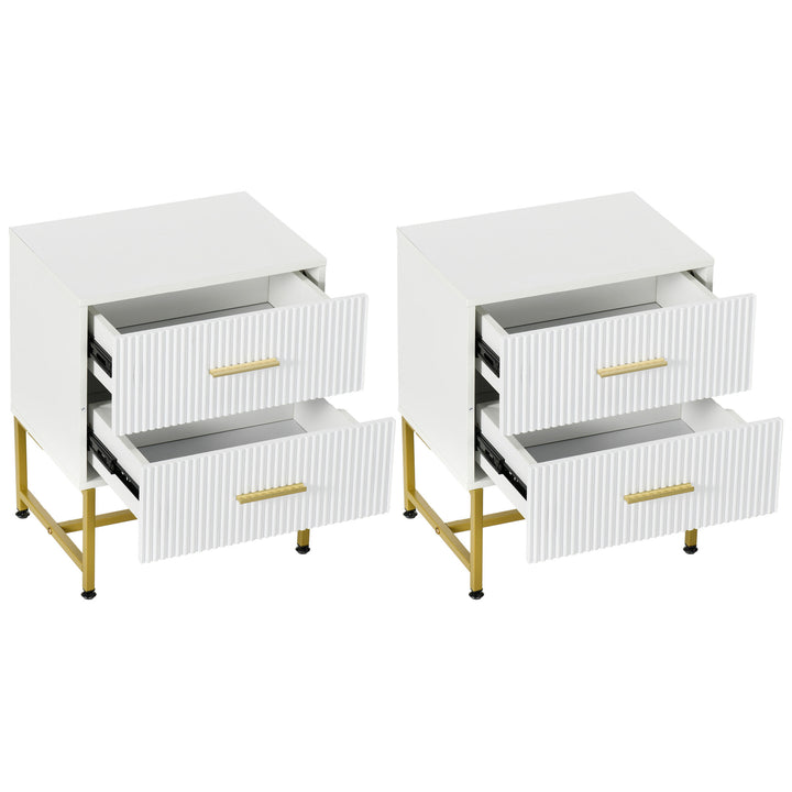 HOMCOM 2 Pieces Nightstands with Storage, Modern Bedside Tables with 2 Fluted Drawers and Gold Legs for Bedroom, White