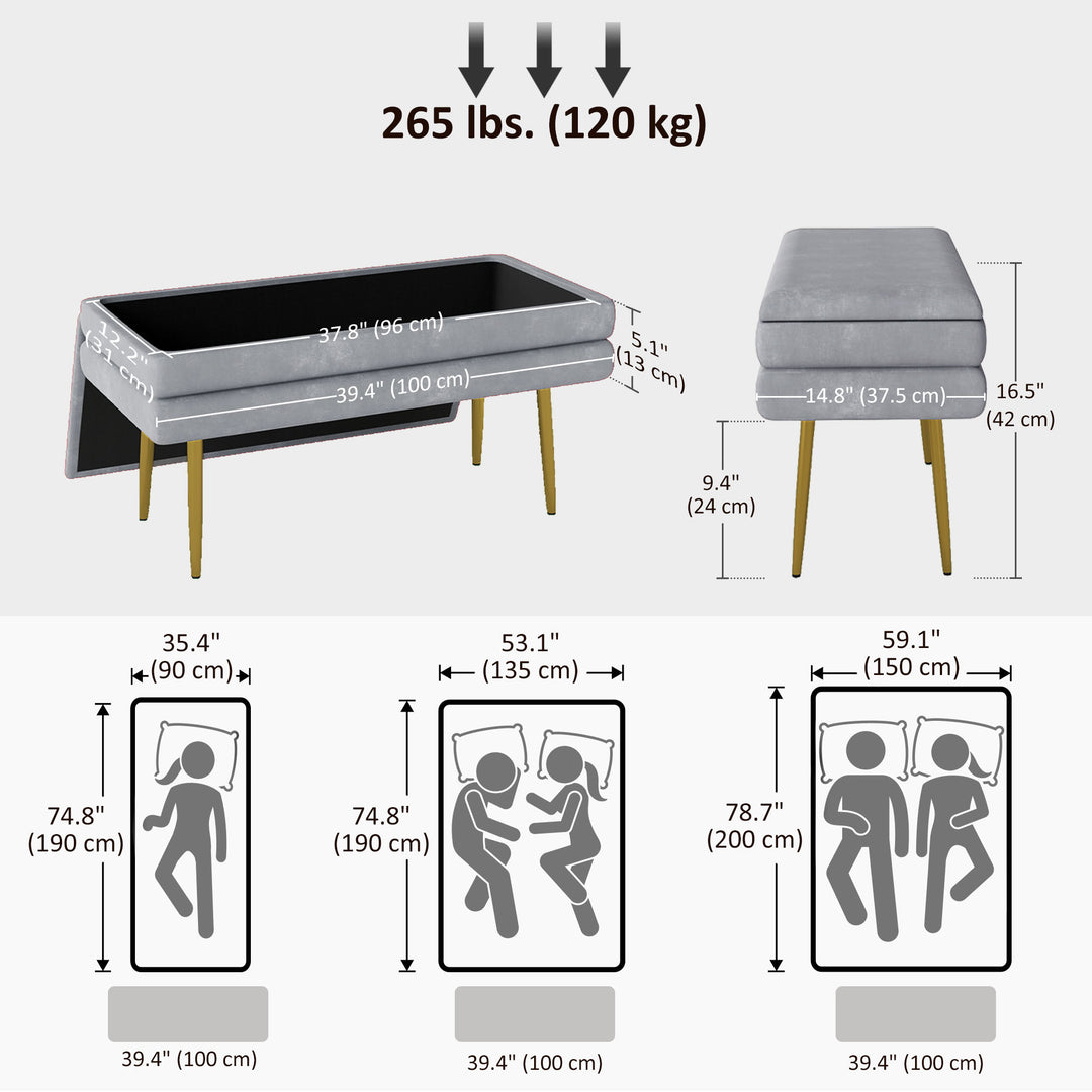 HOMCOM 39" Storage Ottoman, Velvet End of Bed Bench with Steel Legs, Foot Stool with Storage for Bedroom, Living Room